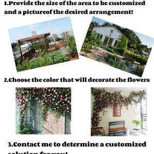 May include: Two images showing different ways to use artificial flower vines. The first image shows a vine hanging from a pergola on a rooftop patio. The second image shows a vine hanging from a wall in a room with a window and a bench.