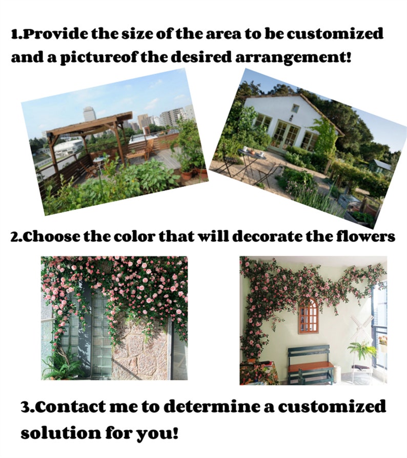 May include: Two images showing different ways to use artificial flower vines. The first image shows a vine hanging from a pergola on a rooftop patio. The second image shows a vine hanging from a wall in a room with a window and a bench.