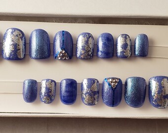 Blue Silver Nails Etsy Blue Silver Nails Etsy