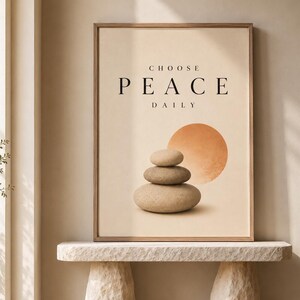 Choose Peace Daily Wall Art | Neutral Japandi Print | Scandinavian Wellness Decor | Minimalist Stone Balance Poster