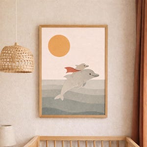 Dolphin Nursery Wall Art Print, Baby Dolphin Ocean Decor, Scandi Kids Room Poster, Neutral Sea Animal Print, Minimalist Nursery Wall Art