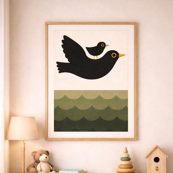 Lámina infantil de pájaros, arte mural de animales padres e hijos, decoración neutra para habitaciones infantiles, arte infantil escandinavo, lámina minimalista de animales, lámina de pájaros y yo.