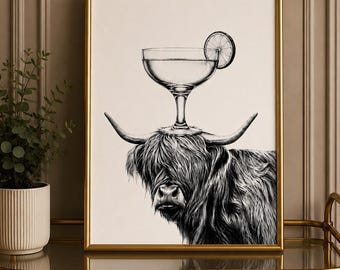 Highland Cow cocktail Print | Minimalist Bar Cart Wall Art | Modern Kitchen Decor | Monochrome Bar Poster | Home Bar Artwork