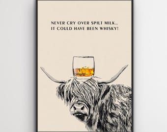 Whisky Highland Cow Print | Funny Bar Wall Art | Highland Cow Poster | Home Bar Decor | Whisky Lover Gift | Rustic Kitchen Print