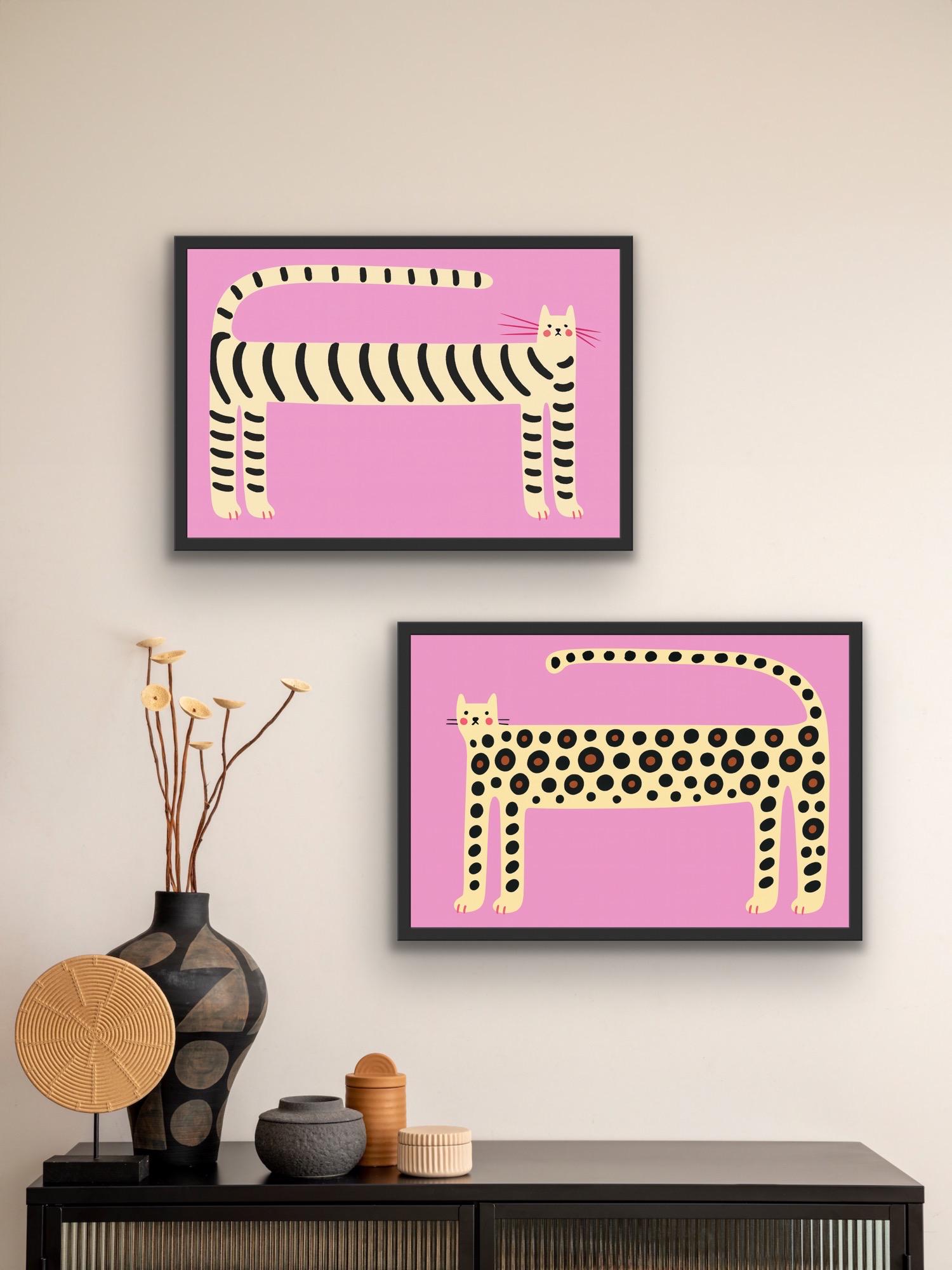 Set of Funny Cat Wall Art for Hallway – Quirky Leopard & Tiger Print Set – Bold Pink Animal Prints – Funky Home Entrance Deco - Hallway Art