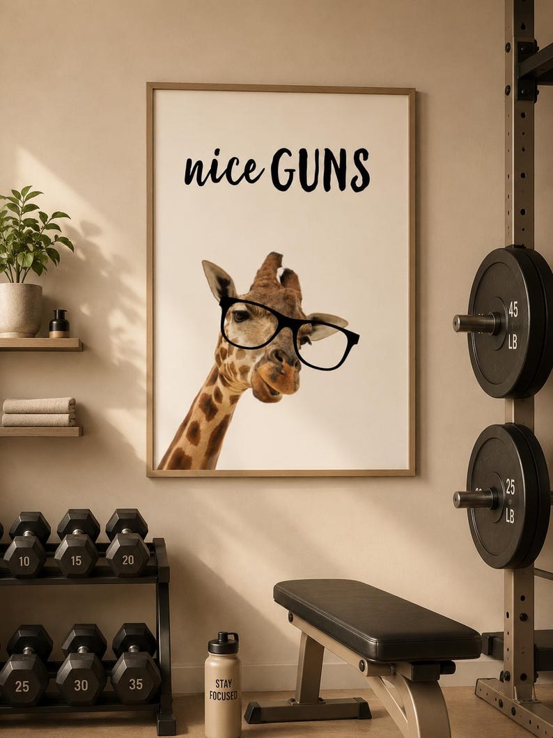 May include: A framed print featuring a giraffe wearing glasses with the text "nice GUNS". The image is set in a gym environment, with dumbbells, a weight bench, and a water bottle that says "STAY FOCUSED".