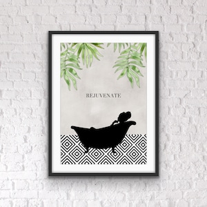May include: A black and white illustration of a person relaxing in a bathtub with green tropical leaves above. The text "REJUVENATE" is printed in the center of the image.