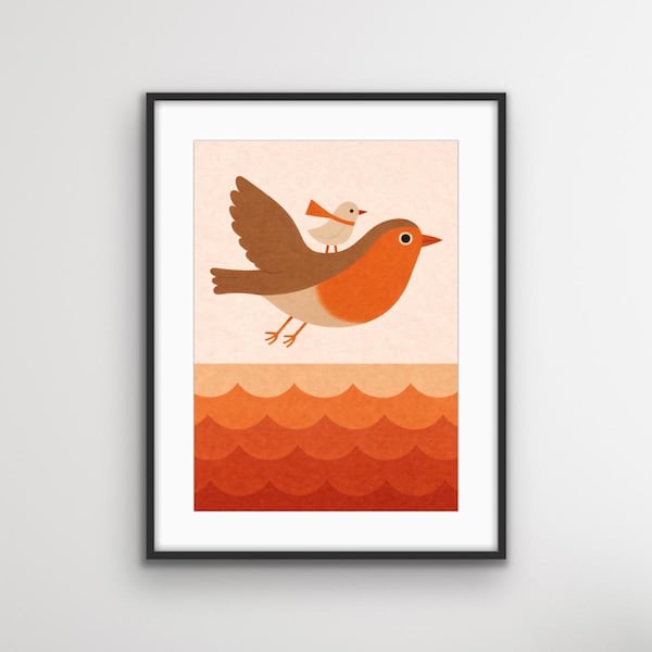 Cuadro de petirrojo para habitación infantil, lámina de pájaro para niños, decoración de bosque para habitación infantil, arte escandinavo para habitación infantil, póster de animales neutros, cuadro de pájaro bebé