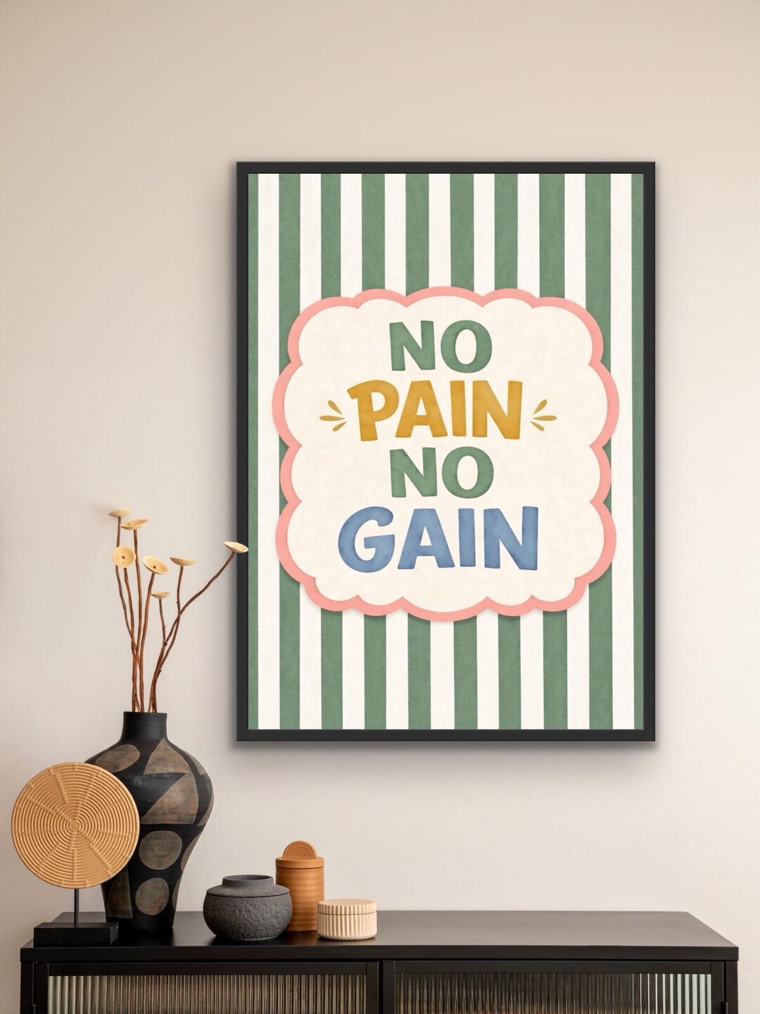 No Pain No Gain Print, Motivational Wall Art, Retro Stripe Quote Poster ...