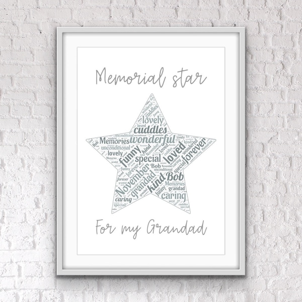 Personalised Memorial Star, remember loved one, special memorial gift, word art, wall art, personalized gifts