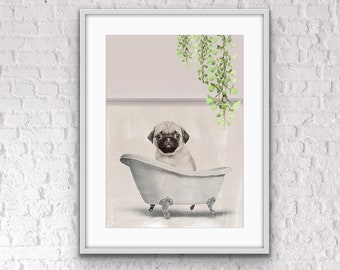 Pug in Tub Bathroom Print: Quirky Bathroom Wall Art
