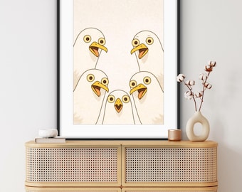 Lámina decorativa de gaviota divertida para pared / Ilustración de aves costeras / Ilustración de gaviota original / Decoración para casa de playa / Arte de pared costero neutro