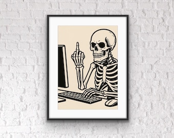 Divertida lámina de esqueleto para la oficina: arte mural de humor negro, póster de escritorio con el dedo corazón, decoración original para trabajar desde casa, regalo anti-trabajo.