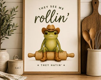 Funny Frog Kitchen Print – Cowboy Frog Wall Art – “They See Me Rollin” Baking Poster – Quirky Country Western Home Décor – Gift for Bakers