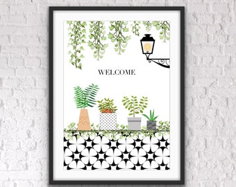 Hallway Welcome Print: Potted Plants Entryway Art