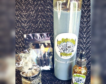 Kit de hechizos de máxima protección: vela, frasco, mini velas con campanillas y aceite.