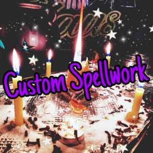 May include: A close-up of a custom spellwork ritual with four lit yellow candles, a white candle, and a purple inscription that reads "Custom Spellwork".
