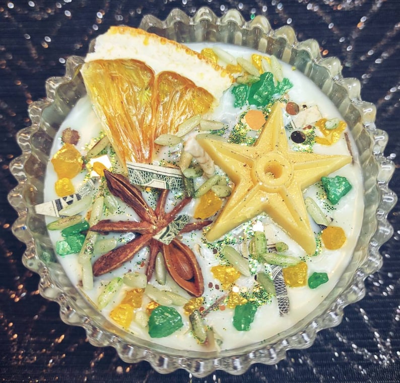 Money Bowl Kit: Abundance Spell with Candle, Wealth Salt & Rice, Tealight Refills, and Crystals image 6
