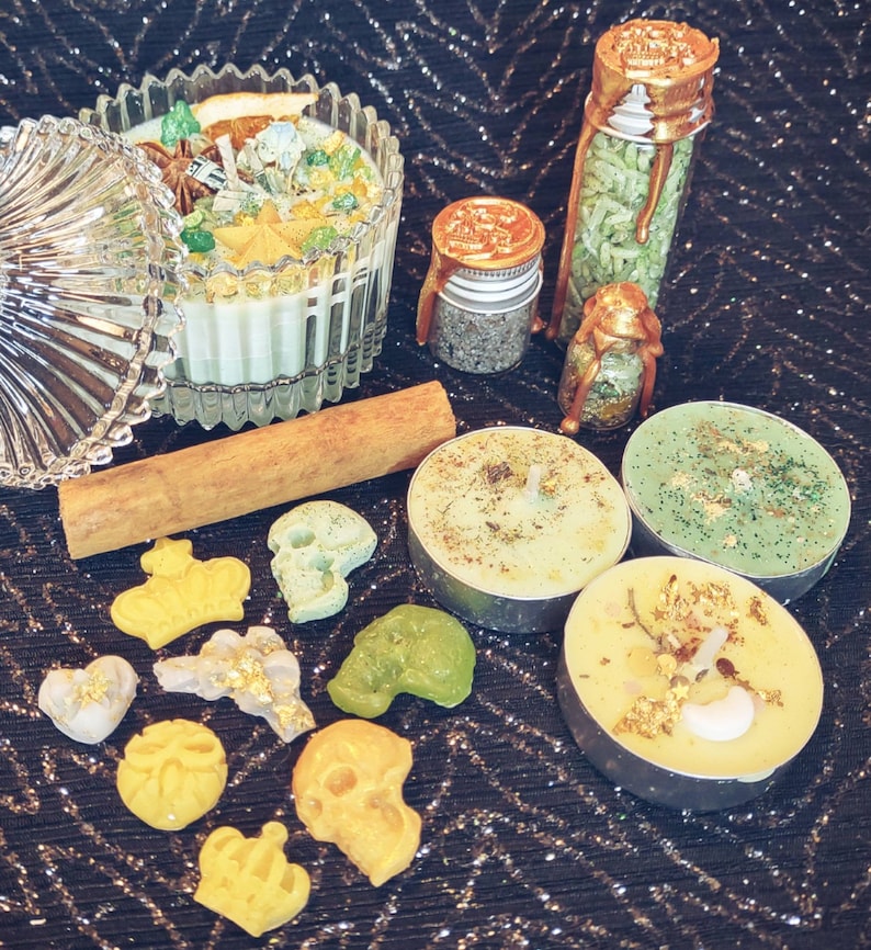 Money Bowl Kit: Abundance Spell with Candle, Wealth Salt & Rice, Tealight Refills, and Crystals image 2