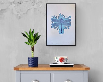 Blue Dragonfly - hand printed limited A3 lino print / print / linocut / linoprint / dragonfly