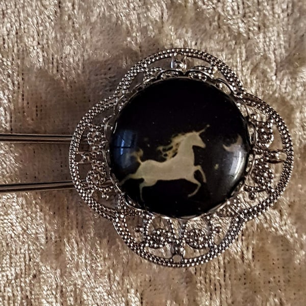 Fancy filigree silver shawl pin with glass unicorn cabochon