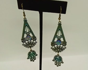 Hamsa dangle hook earrings, artisan color enhanced  filigree metal