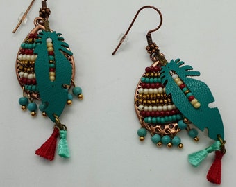 Seed bead, Leather and copper hook earrings