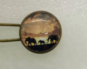 Elephant family brass shawl pin