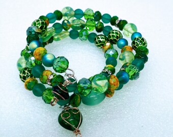 Green glass bead 3 row wrap bracelet, one size fits all