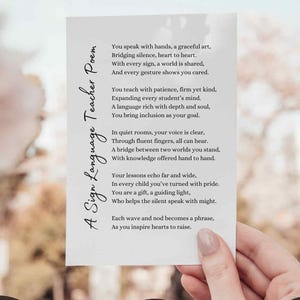 Sign Language Teacher Poem Gift Printable Card Appreciation Greeting for ASL Instructor Thank You Keepsake Digital File Deaf Education Hero