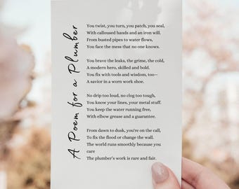 Tarjeta imprimible de regalo con poema de fontanero, saludo de agradecimiento para instalador de tuberías, recuerdo digital de agradecimiento, profesional de fontanería, héroe de oficios cualificados.