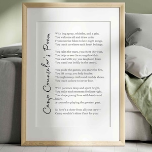 Camp Counselor Gedicht Geschenk Sommercamp Poesie Wand Kunst Druck Mitarbeiter Wertschätzung Poster Cabin Leiter Jugend Mentor Danke druckbare Karte