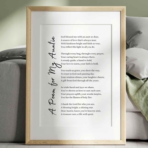 Poema de agradecimiento para la tía, regalo de poesía cristiana para la tía, impresión de arte de pared de un sobrino o una sobrina, tarjeta imprimible para el día de la madre, cumpleaños y Navidad