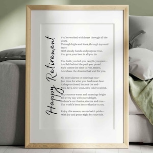 Cadeau poème de retraite heureuse Art mural imprimable pour la gratitude des retraités collègue patron enseignant ami fête de la retraite décoration de bureau souvenir