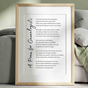 Genealogischer Dichter Christlicher Geschenk, Genealogischer Poesie-Wand-Kunstdruck, professioneller Genealogischer Forscher Wertschätzung druckbare Karte Ancestry