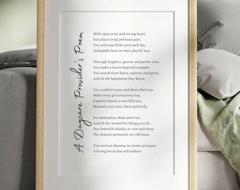 Daycare Provider Poem Gift Card Printable Wall Art Appreciation Gift for Childcare Worker Preschool Teacher Thank You Home Daycare Decor