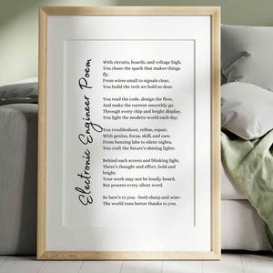 May include: A framed print featuring the "Electronic Engineer Poem" in black script. The poem is centered on a white background, encased in a light wood frame. The print is displayed against a neutral-toned backdrop, suggesting a home decor item.