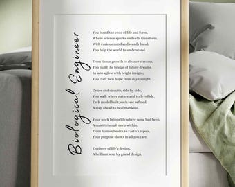 Op de afbeelding: Een ingelijste print met een licht houten frame. De print toont de woorden "Biological Engineer" in een scriptlettertype aan de linkerkant. De tekst beschrijft de rol van een bio-ingenieur.