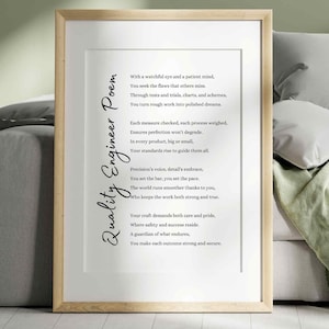 Op de afbeelding: Een ingelijste print met een licht houten frame. De print bevat een gedicht getiteld "Quality Engineer Poem" in zwart schrift op een witte achtergrond. De lijst is rechthoekig en de print wordt weergegeven op een lichtgroene achtergrond.