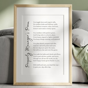 Poème de gestionnaire immobilier, cadeau d'art mural imprimable pour l'immobilier ou la location, propriétaire professionnel, cadeau de remerciement pour décoration de bureau