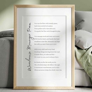 Poema do gerente de armazém, cartão-presente para impressão, arte de parede, presente de agradecimento, supervisor de logística, líder de operações, decoração de escritório, lembrança de agradecimento