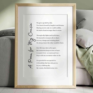 Cousin Gedicht Wertschätzung Geschenk Cousin Poesie Wand Kunst Druck Geburtstag Weihnachten Familienmitglied Geschenk Sentimental Cousin Danke druckbare Karte