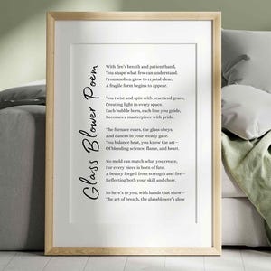 Poema de soprador de vidro, presente de agradecimento, artesanato, poesia, arte de parede, impressão, cartão para impressão para artista de vidro, presente de agradecimento exclusivo