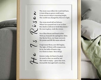 Easter Poem Printable, Christian Easter Wall Art, He Is Risen Poem Print, Easter Scripture Poem, Religious Easter Gift, Printable Card