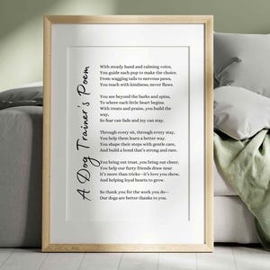 Hondentrainer gedicht waardering cadeau hond gehoorzaamheid coach afdrukbare muur kunst cadeau voor huisdier gedragstherapeut puppy trainer hondenliefhebber bedankkaart