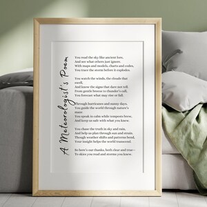 Regalo de agradecimiento para un meteorólogo, poema, pronosticador del tiempo, poesía científica, arte mural, impresión, tarjeta imprimible para un meteorólogo, regalo de agradecimiento.