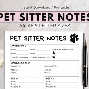 May include: Printable pet sitter notes form with sections for owner's information, emergency contact details, and pet information. The form includes fields for names, phone numbers, breeds, and microchip numbers.
