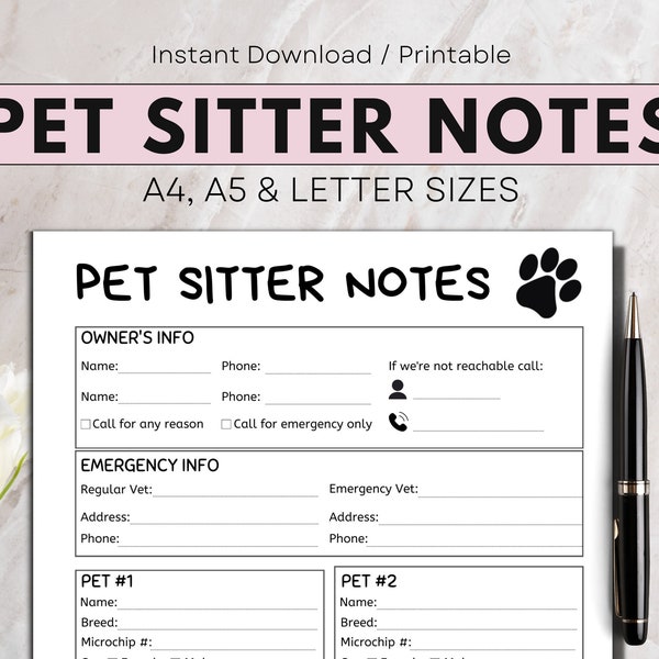 Pet Sitter Notes Printable, Dog Cat Walker, Pet Care Instruction Form, Pet Sitting Business Gift, Pet Sitter Information, DIGITAL DOWNLOAD