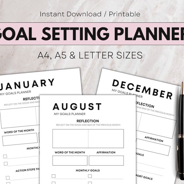 12 Month Goal Setting Printables, Productivity Tracker & Organizer Gift, January To December Goals Planner, Goal Planning, Self Development