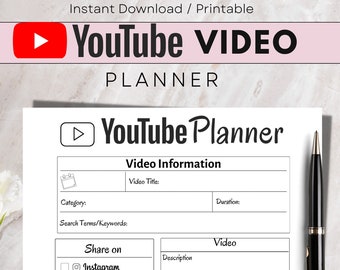 YouTube Video Planner Printable, Youtuber Checklist, Content Creator Planning, Social Media, Instant Digital Download